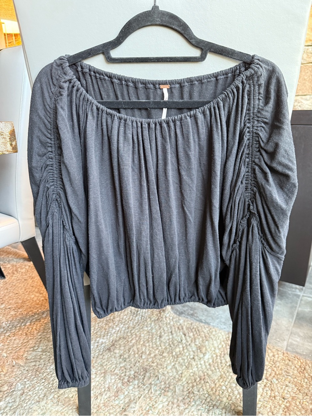 Free People Black Off the Shoulder Gathered Blouse